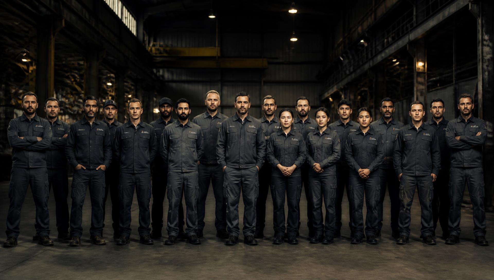 Equipo completo uniformado en una nave industrial